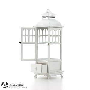 Biały stylowy rustykalny lampion drewniany z szufladą  86847s