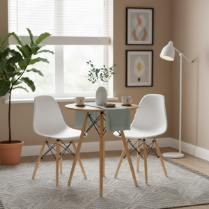 Zestaw dla 2 osób - stolik skandynawski 60 cm dębowy + 2 białe krzesła