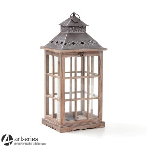 Rustykalny stylowy lampion w brązie 94481s z drewna, szkła oraz metalu