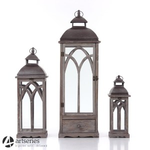 Komplet rustykalnych stylowych lampionów 94480 - drewno i szkło
